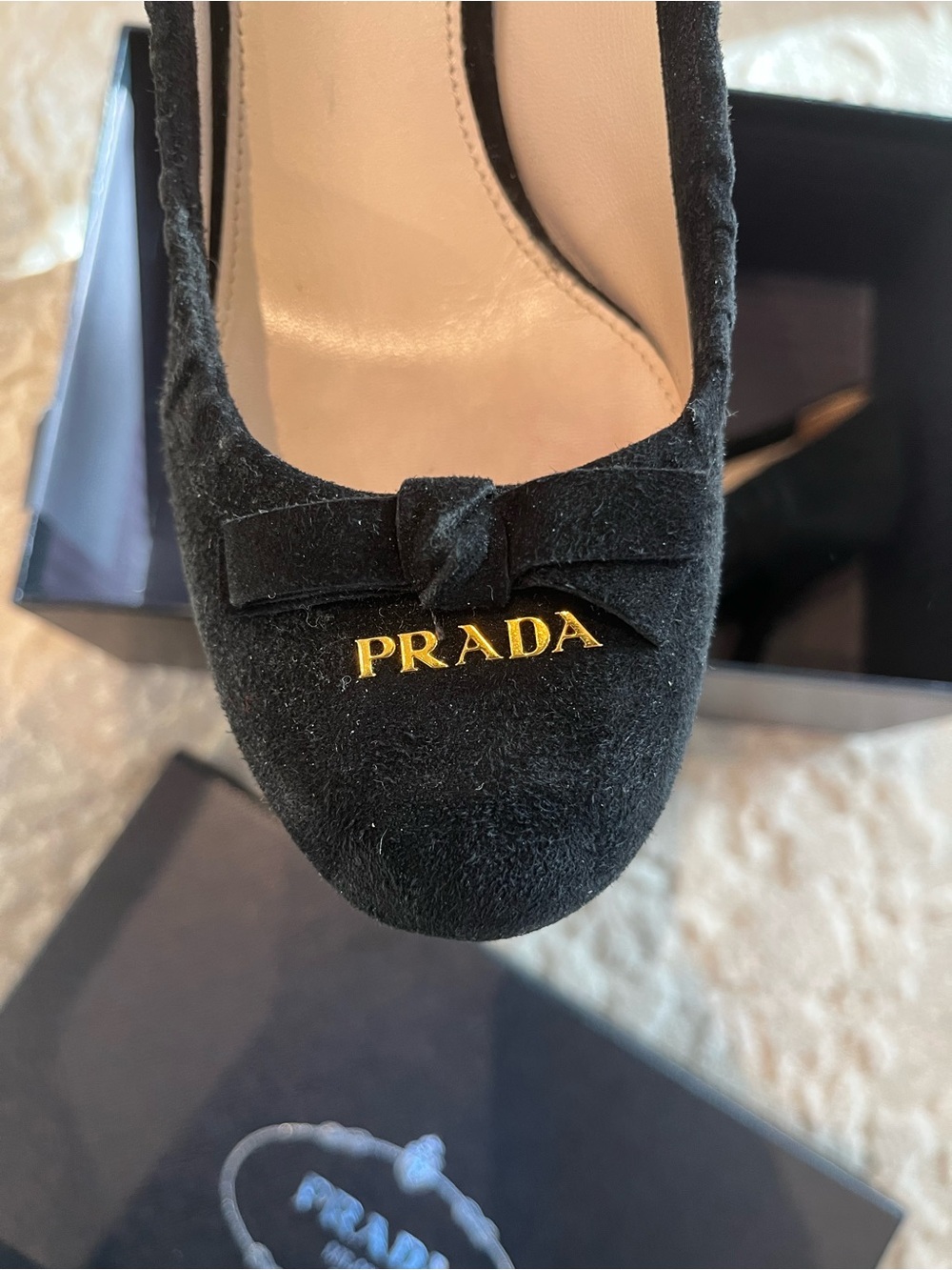 Prada Black Suede Pumps with Gold Logo Bow - Picture 10 of 10